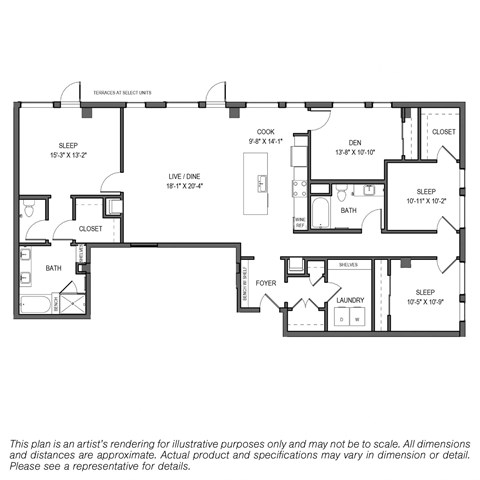 Floor plan for 3 beds, 2 baths, 1964 sqft